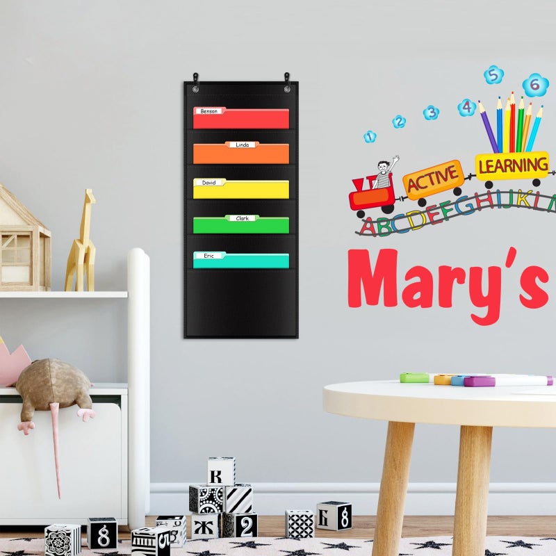 AUVCAS 5 Pocket Hanging Wall File Organizer, Storage Pocket Chart, Wall Mount/Over The Door File Organizer, Hanging File Folder Organizer for Classroom, Office and Home, Size: 28 x 14 inch, 2 Hangers - Image 2